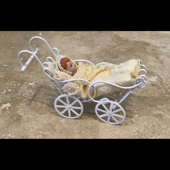 Bisque Porcelain Babydoll in Metal Carriage Ornament - Picture 4 of 6